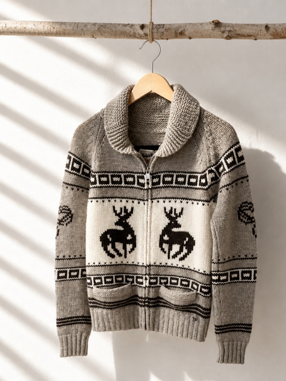 TNA Zip-Up Shawl Collar Sweater in Gray and Cream with Deer Motif